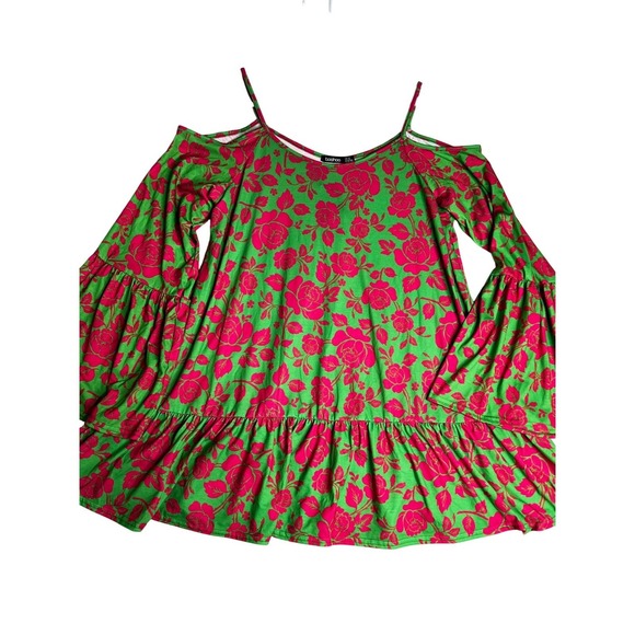 Boohoo Cold Shoulder Bell Sleeve Ruffle Floral Dress Tunic Top Green Pink US 14 - Picture 2 of 9